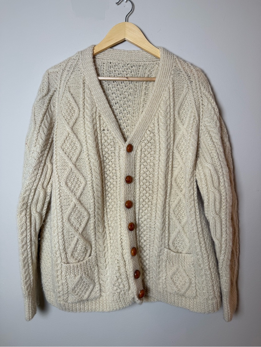 Vintage Ireland wool Cozy Cream Cable Knit Cardigan L Oversize